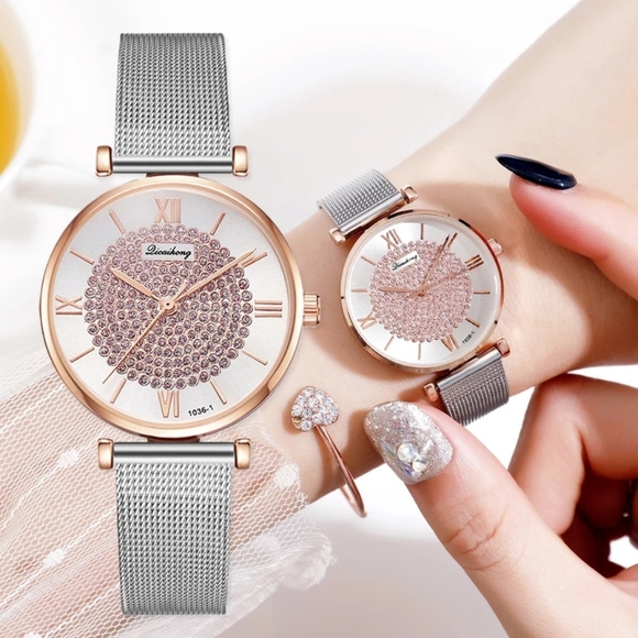 Luxury Women Pink Bracelet Watches Dress Silver Me - Picture 3 of 3